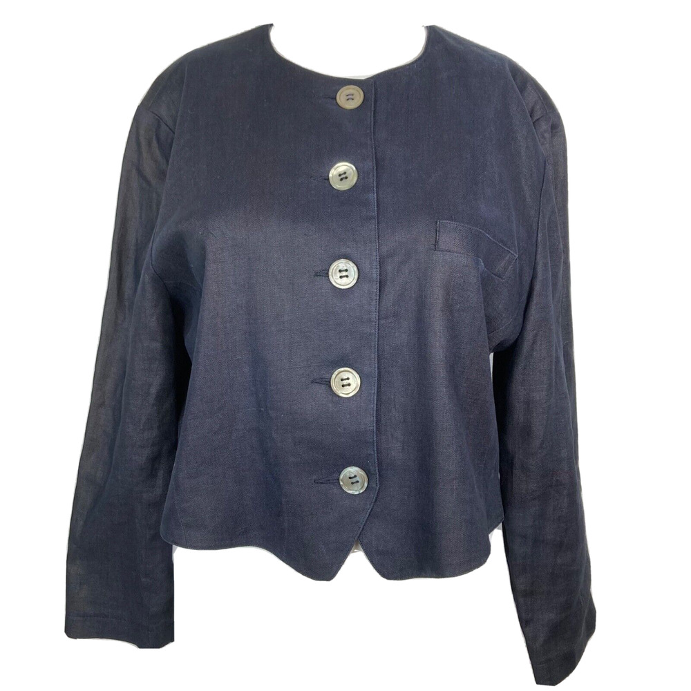 Anne Klein II Blazer Women 12P Petite VTG Blue Button Linen Jacket Shirt Lined